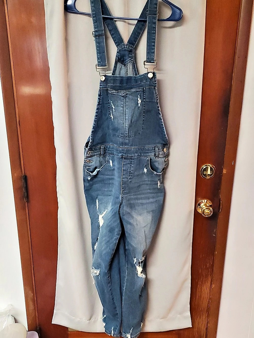 Almost Famous Distressed Denim Overalls in Blue Size 9